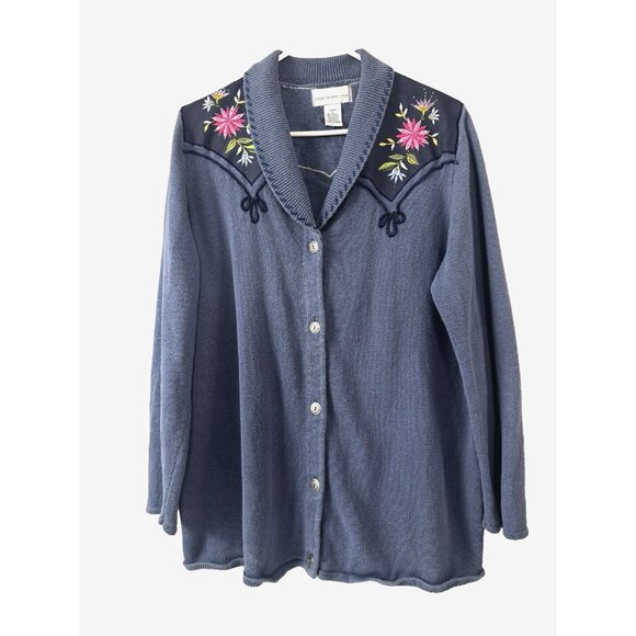 Susan Graver Womens L Dusty Blue Beaded Embroidered Floral Cardigan Grannycore - Picture 1 of 14